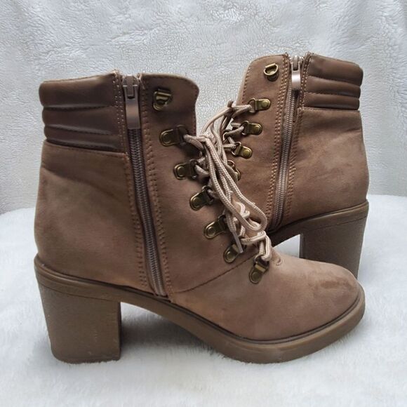 Chunky Boho Lace up Ankle Boots. Suede. Tan. Side zip. 3" heel. Rubber soles and - Picture 9 of 11